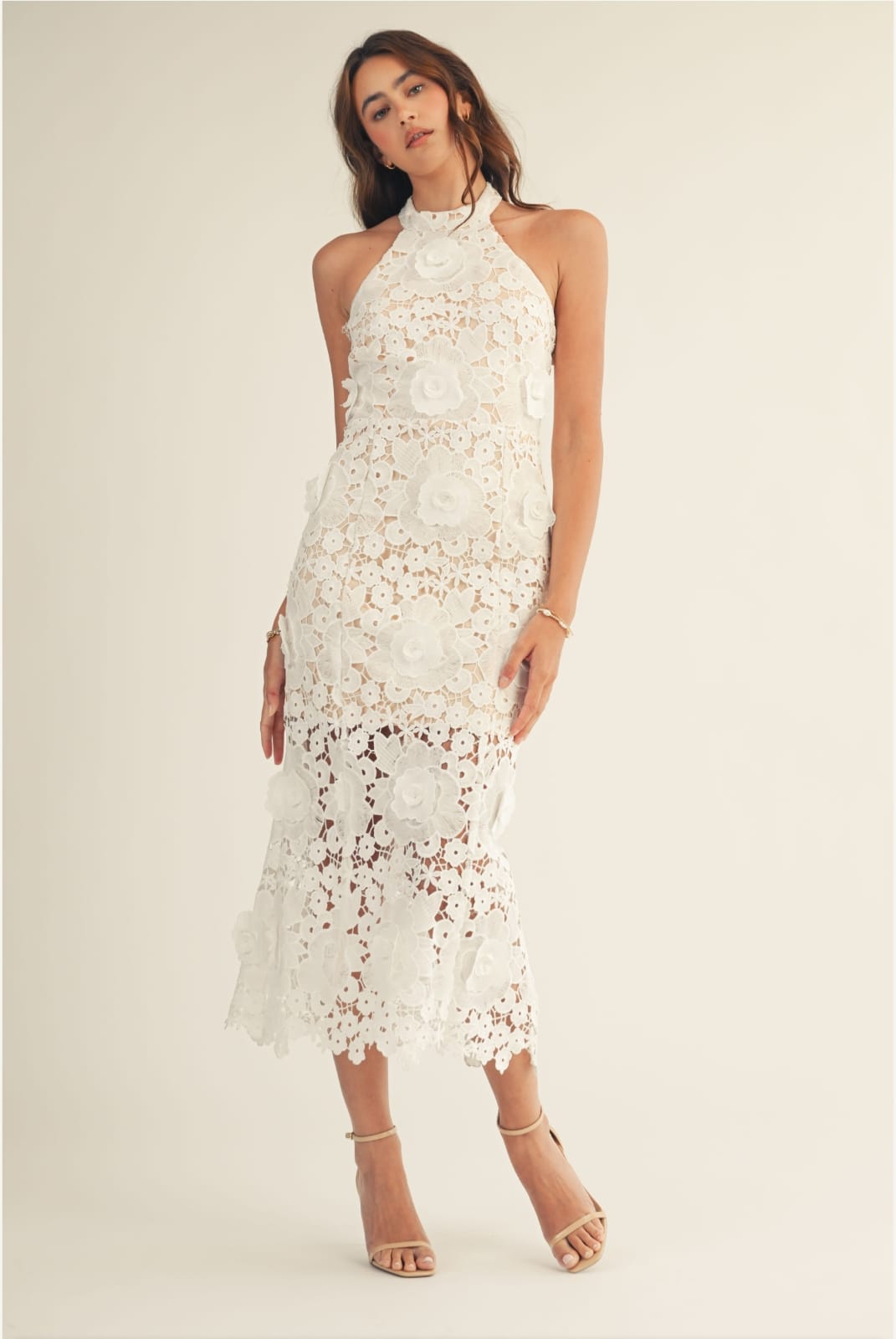 Midi halter encaje floral 3d espalda abierta